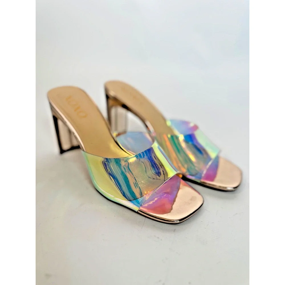 XOXO Iridescent Holographic Mule Heels Size 9 Metallic Square Toe Sandals